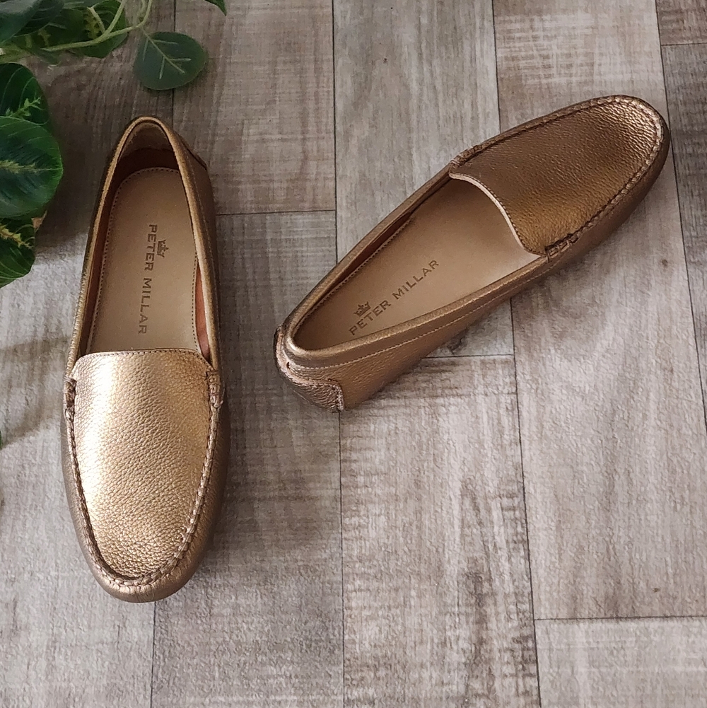 Peter Millar Driving Loafers in Bronze Metallic Full-Grain Leather NIB Size 8 - Picture 2 of 14